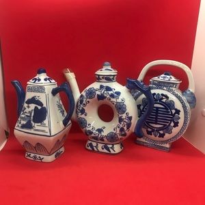 Set of 3 Blue and White Decorator Teapots
